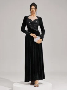 SHEIN Belle 优雅亮片撞色网眼晚礼服，情人节礼服，黑色鸡尾酒会礼服女士圣诞节黑色晚礼服，正式派对礼服，秋冬季黑色性感网眼长袖伴娘服，婚礼宾客礼服 - 黑色 - 查看 6