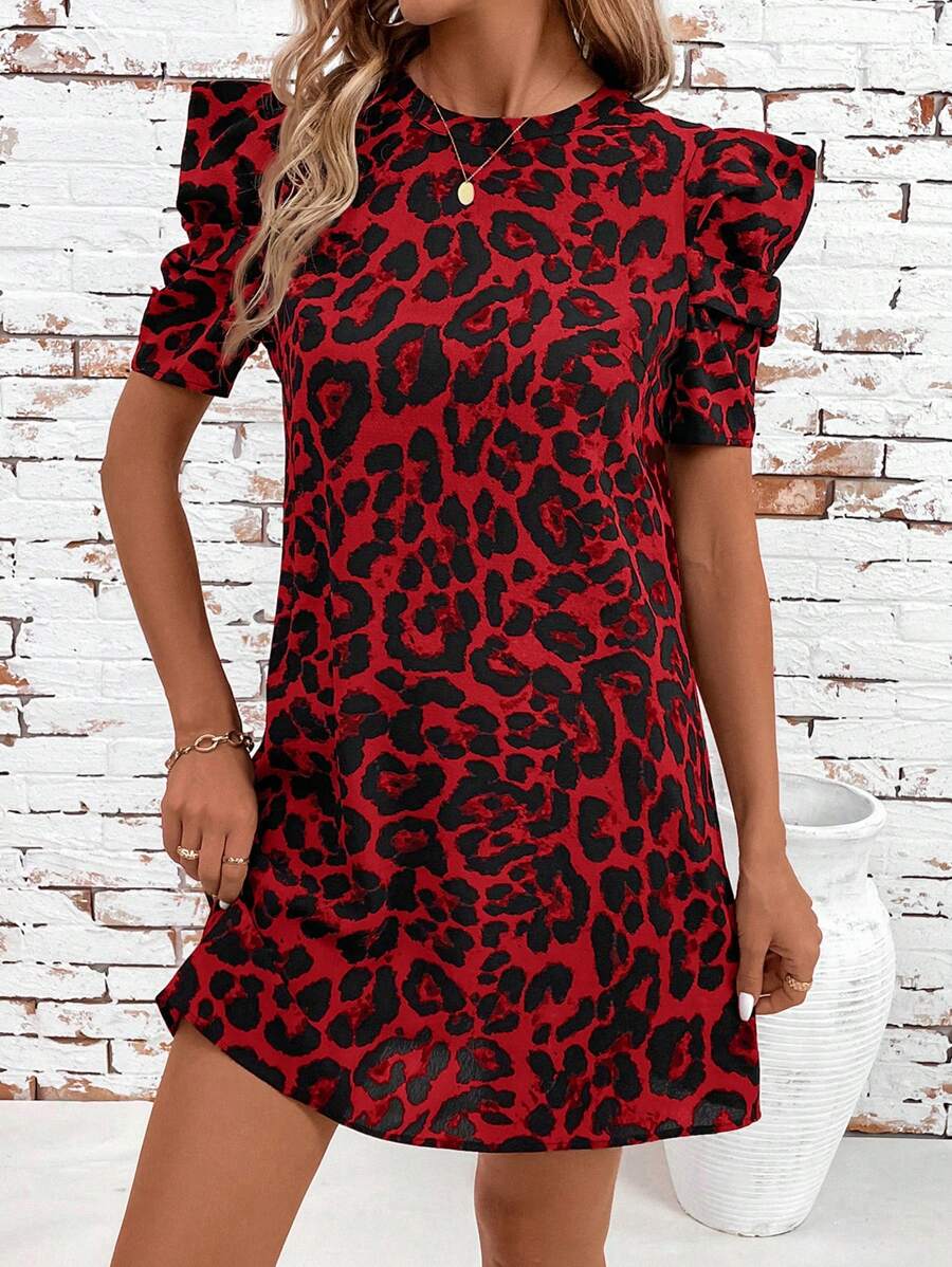 SHEIN Clasi Women Leopard Print Raglan Sleeve Round Neck Straight Mini Dress - Red - View 1