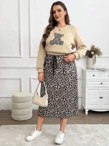 SHEIN Frenchy 2 件/套大码女式卡通豹纹熊圆领插肩袖长袖运动衫和中长裙，休闲 - 彩色 - 查看 2