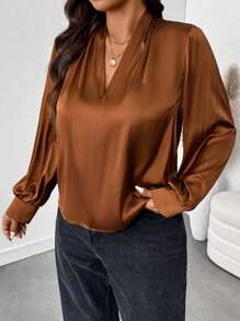 SHEIN Essnce Plus Size Women's Spring Vacation New Fashion Commuter Business Casual Elegant Women's French Satin V-Neck Long-Sleeved Design Outing Blouse