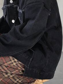 FRIFUL Women's Casual Drop Shoulder Long Sleeve Single-Breasted Denim Jacket, Autumn - Black - View 6