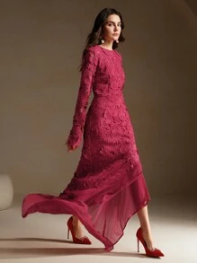 Anewsta Women's Round Neck Long Sleeve Lace 3D Floral Fishtail Hem Dress - Burgundy - View 1