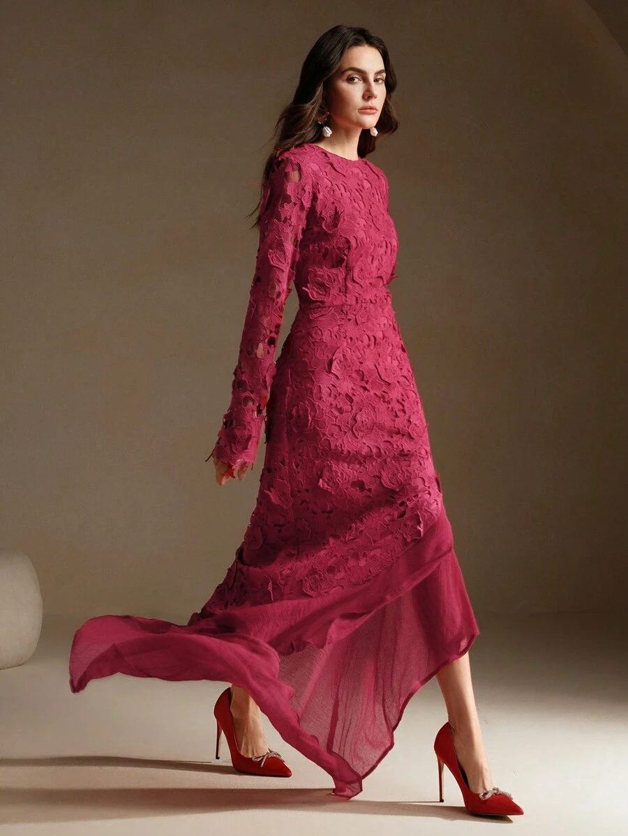 Anewsta Women's Round Neck Long Sleeve Lace 3D Floral Fishtail Hem Dress - Burgundy - View 1