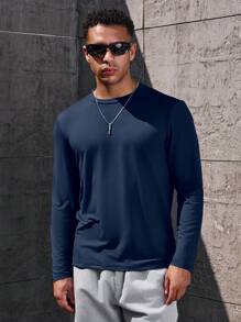 Manfinity Homme Men's Solid Color Round Neck Casual Long Sleeve T-Shirt, Autumn, Fall