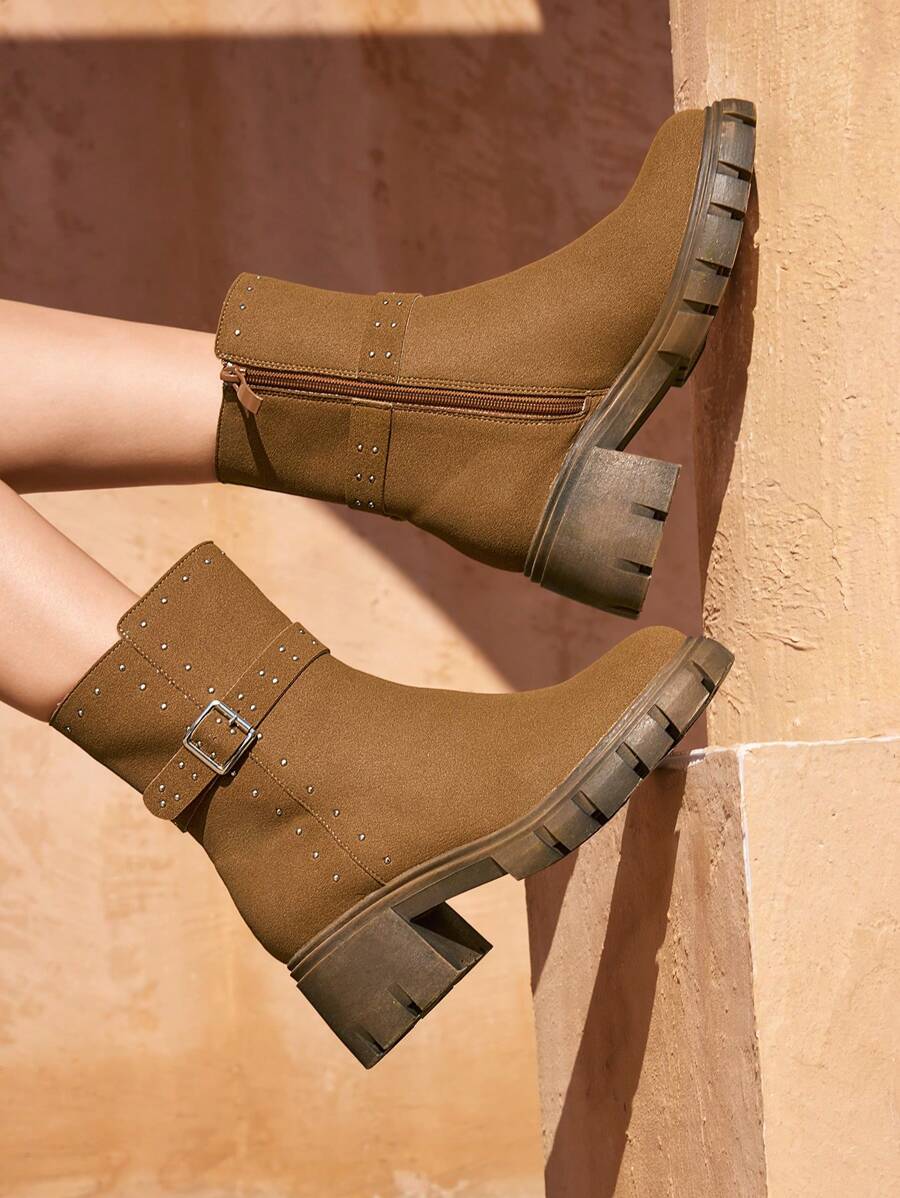 Styleloop Women's Fashionable Versatile Retro Mid-Calf Boots - Brown - View 1