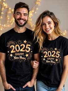 SHEIN EZwear Casual Happy New Year 2025 Print Oversized Round Neck Short Sleeve Women T-Shirt - Black - View 1