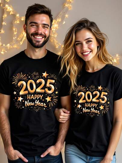 SHEIN EZwear 休闲 2025 年新年快乐印花超大圆领短袖女式 T 恤