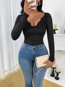 SHEIN SXY Sexy Contrast Lace Deep V-Neck Ruched Long Sleeve Women T-Shirt