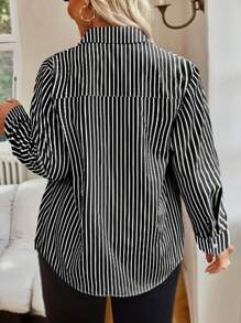 INAWLY Áo sơ mi tay dài rộng rãi, họa tiết sọc mùa xuân và mùa hè cỡ lớn dành cho nữ - màu đen - Xem 2