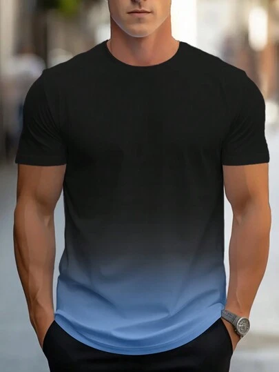 Manfinity Homme Men's Summer Ombre Round Neck Short Sleeve Casual T-Shirt, Men Clothes Men T Shirts, 3d Print Tshirt For Men, Blue Black And White Shirts Men
