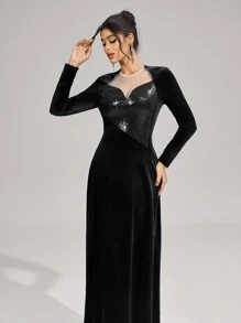 SHEIN Belle 优雅亮片撞色网眼晚礼服，情人节礼服，黑色鸡尾酒会礼服女士圣诞节黑色晚礼服，正式派对礼服，秋冬季黑色性感网眼长袖伴娘服，婚礼宾客礼服 - 黑色 - 查看 7