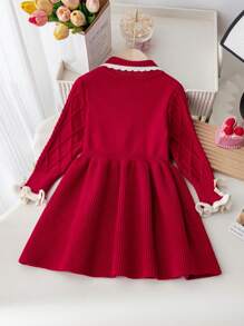 SHEIN 女童圣诞红色毛衣裙，时尚儿童针织公主裙，时尚翻领可爱高腰针织连衣裙，适合小女孩，秋季