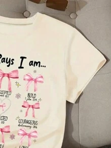 SHEIN Tween Girl' Round Neck Short Sleeve Bow Print Casual T-Shirt - Apricot - View 3