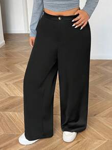 SHEIN EZwear Pantaloni casual larghi a vita alta in nero, taglia comoda, per donna, adatti per l'autunno/inverno - nero - Visualizzare 4