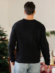 Manfinity Homme 1 件男士休闲情侣装字母和心形图案圆领长袖休闲针织毛衣，秋冬 - 黑色 - 查看 6