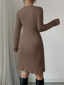 Chiquease Bodycon Ribbed Knitted Dress Sweater Dress - Mocha Brown - View 2