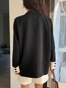 DAZY Women's Casual Commuter Two-Tone Cuff Blazer Jacket Business Attire - Black - View 5