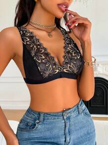 Women's Fashion Floral Lace Lingerie Bra - Black - View 5