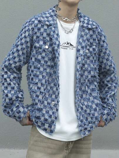 Manfinity Roghcode 1pc Plus Size Men Boxers And Plaid Fringe Trim Simple Denim Jacket, Fall