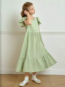 Wildeya Elegantes, minimalistisches Kleid für Tween Mädchen mit Jacquard-Textur und Volantärmeln, geeignet für Sommer und Frühling, für Ausflüge, Dates und Ferien