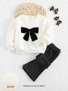 Cozy Pixies 2 Stück/Set Baby Mädchen Farbblock Schleife Dekor Rundhals Dropped Shoulder Sweatshirt und Hose mit elastischem Bund und ausgestelltem Bein - Verschiedenfarbig - Übersicht 7