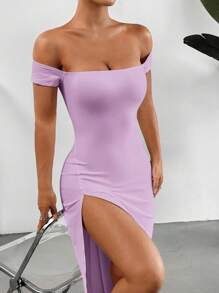 SHEIN EZwear Women's Solid Color Casual Off-Shoulder High Slit Dress,Lavender Dress - Purple - View 3