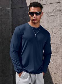 Manfinity Homme Men's Solid Color Round Neck Casual Long Sleeve T-Shirt, Autumn, Fall