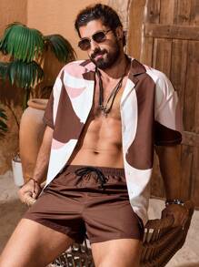 Manfinity VDAYZ Men's Geometric Print Short Sleeve Single-Breasted Shirt And Shorts Casual Beach Outfit,Hawaiian, Men Beach Wear Set, Men Bahama Outfit, Europe Summer Outfits For Men Set, Men Bathing Suit Set