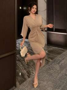 DAZY 纯色 V 领扭结中长连衣裙，适合女士舞会礼服，优雅正式女士连衣裙