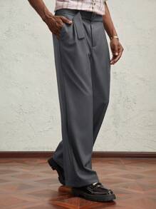 AKNOTIC Business Casual 男士编织长款中腰休闲直筒裤，适合日常搭配 - 深灰色 - 查看 1