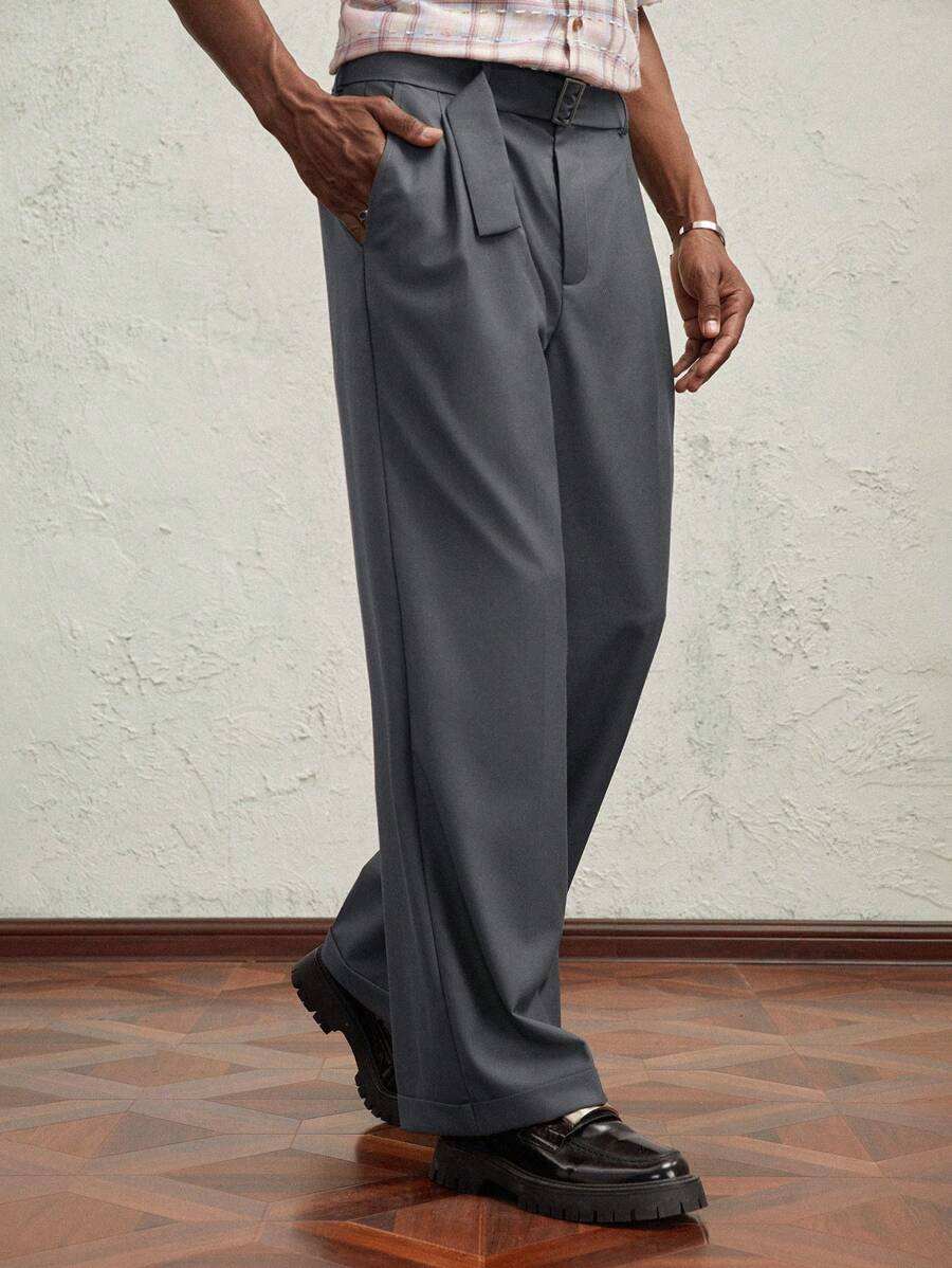 AKNOTIC Business Casual 男士编织长款中腰休闲直筒裤，适合日常搭配 - 深灰色 - 查看 1