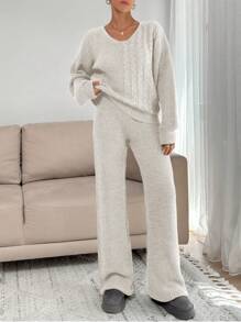 EURMUSE Knitwear Sweater Co-Ords With Pants And Cable Pattern