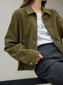 Dazy-Less Kurze anliegende PU-Lederjacke für Frauen, Herbstkleidung