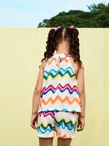 SHEIN Young Girl' Cute Funny Gradient Print Halter Neck Top And Shorts 2 Pieces Set - Multicolor - View 2
