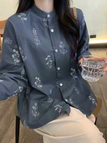 Women Blue Loose Floral Embroidered Shirt, Stand Collar, Spring,Fall Clothes Long Sleeve Top - Navy Blue - View 4
