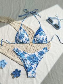 2 件套女士夏季海滩露背花卉印花比基尼套装 - 藍白色 - 查看 1