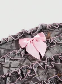 ROMWE Kawaii Y2K 女士迷彩荷叶边粉色蝴蝶结薄纱衬衫 - 軍綠色 - 查看 3