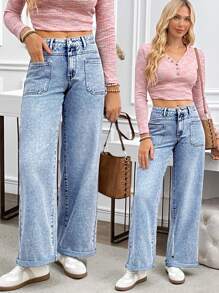 SHEIN LUNE Women's Casual Loose Straight Leg Washed Denim Jeans - Blue - View 4