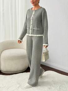 RueChic 2pcs Women's Autumn/Winter Ruffled Ribbed Long Sleeve Sweater And Long Pants Set - Grey - View 5