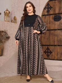 Al Najma Plus Size Women's Round Neck Print Patchwork Lantern Sleeve Loose Casual Everyday Arabian Dress, Modest - Multicolor - View 3