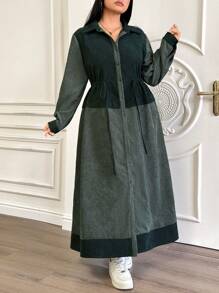 Mulvari Plus Size Solid Color Button Patchwork Long Sleeve Casual Long Dress - Green - View 6