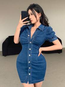 SHEIN EZwear Women's Denim Bodycon Mini Dress, Short Sleeve, Casual, Blue - Blue - View 4