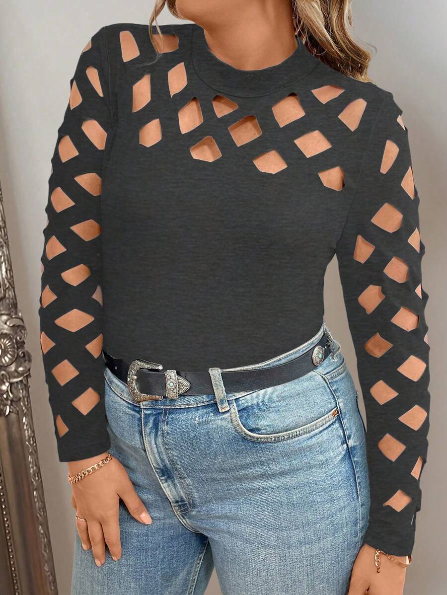 Celure 大码时尚激光烧花镂空长袖 T 恤 - 深灰色 - 查看 1