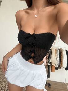 Muchica 黑色提花蝴蝶结装饰短款吊带背心 - 黑色 - 查看 1