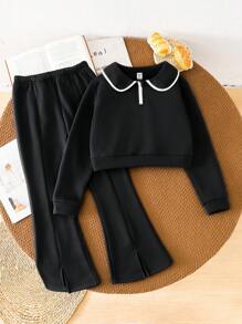SHEIN 2pcs/Set Tween Girl Apricot Lapel Half-Zip Sweatshirt And Flared Pants Casual Outfit
