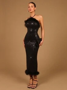 SHEIN PETITE Vestido Elegante Feminino Ajustado de Cor Sólida com Empalme de Paetês e Peluche, Conjunto Glamoroso para Festa de Natal, Sofisticado para Réveillon, Vestido de Celebração de Feriado para Roupa de Festa de Feriado Maxi Feminino - Preto - Visão 1
