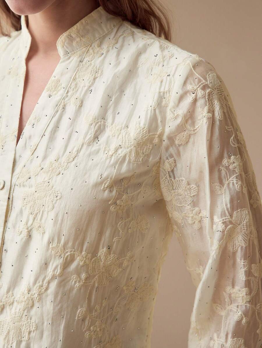MOTF PREMIUM FLORAL EMBROIDERY BUTTON UP BLOUSE - Apricot - View 2