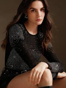 Anewsta Fashionable Long Sleeve Mesh Blouse With Rhinestones, Office Wear For Autumn - Black - View 1