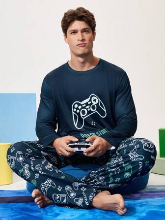NotGurli Men's Game Console Graphic Print Round Neck Long Sleeve Top And Pants Pajama Set, Fall Winter Clothes