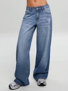 EURMUSE WOMEN WIDE LEG LOW WAIST JEANS STARS AND BELT DETAIL - Light Wash - View 4